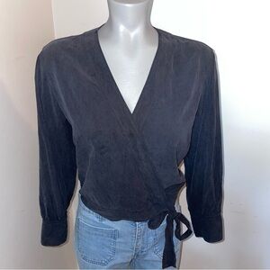 Everlane Blouse Long Sleeve Wrap Top button closure with tie black silk size 4